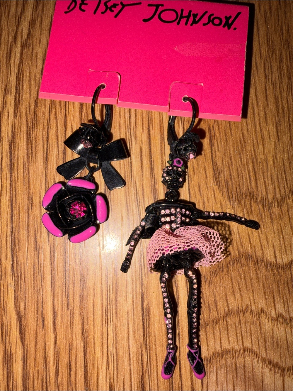 Betsey Johnson Pink Black Mismatched Doll & Flower Dangle Earrings